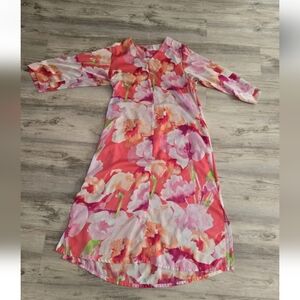 Natori Sz M Zip Front Kaftan Nightgown Dress Floral Pink White Long